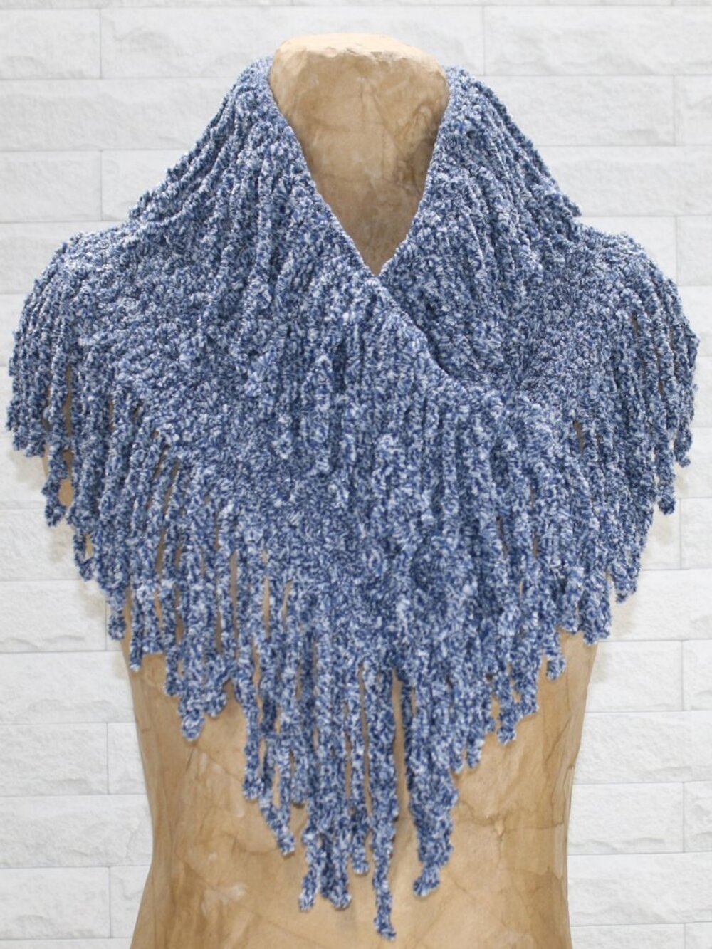 HAND CRAFTED Scarf Infinity Chenille Shawl Turtleneck Fringe Oversized Blue - Picture 1 of 15